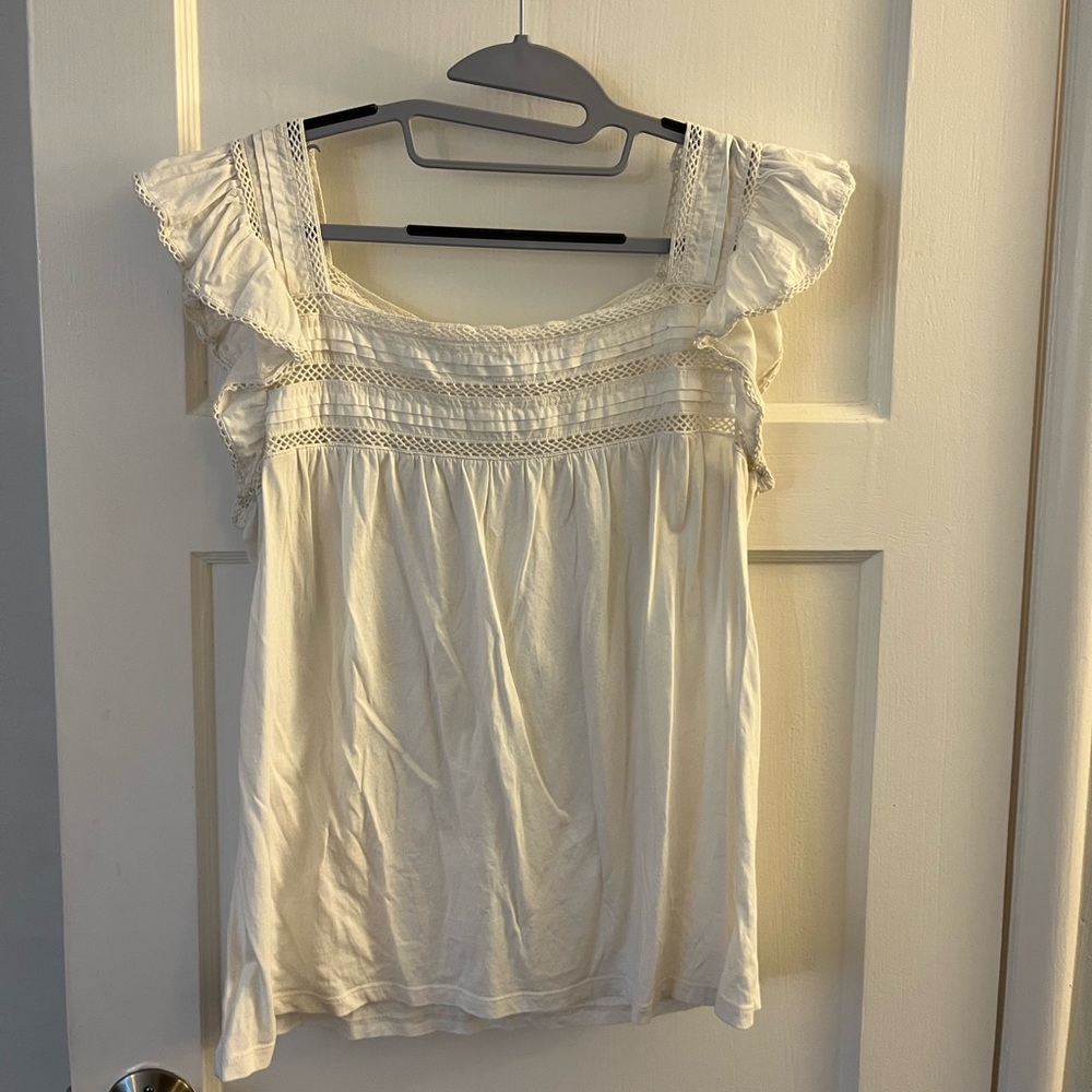 LOFT Cream Ruffled Smocked Sleeveless Blouse